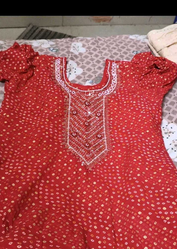 Red bandhini Embroidered Kurta sets