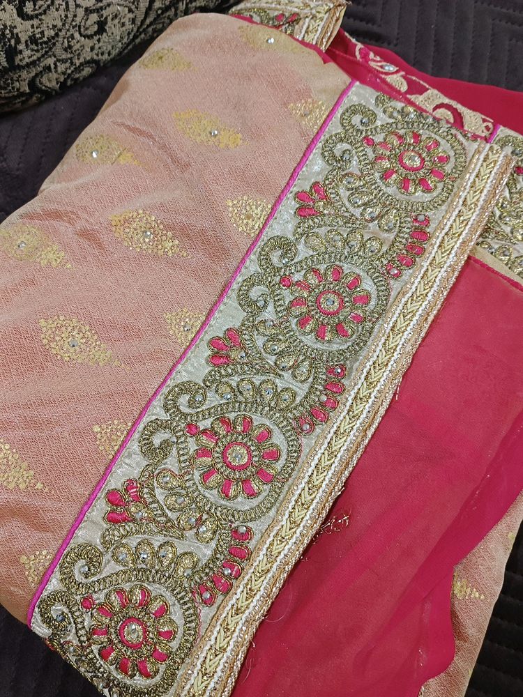 Elegant Pink &amp; Red Embroidered Saree