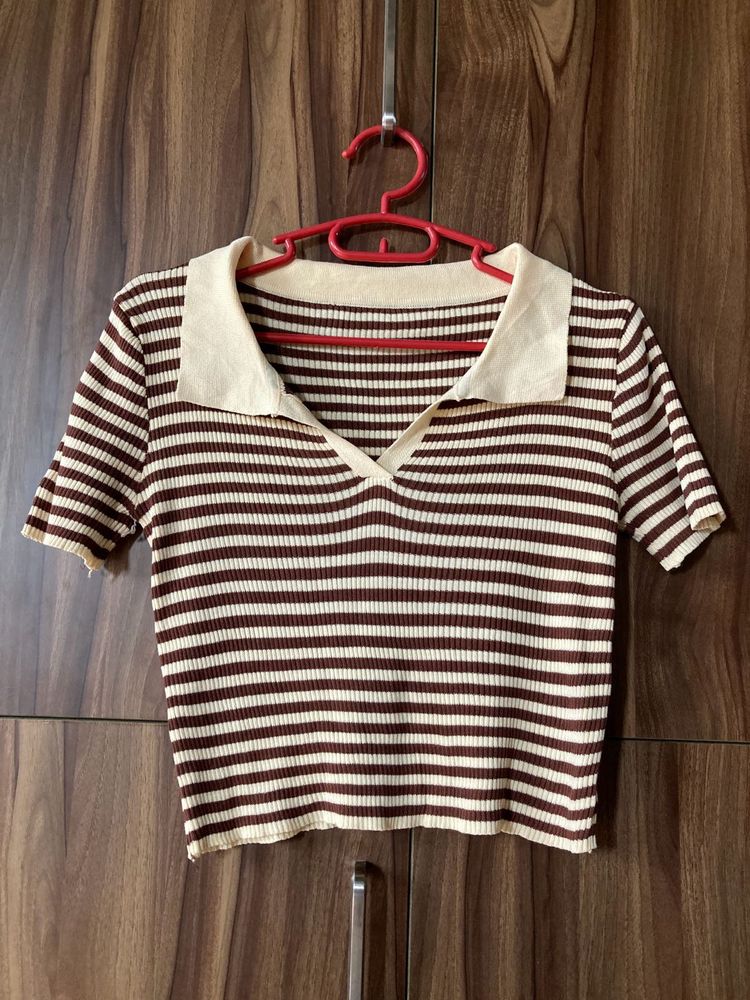 ribbed knit, cropped, striped polo-style top