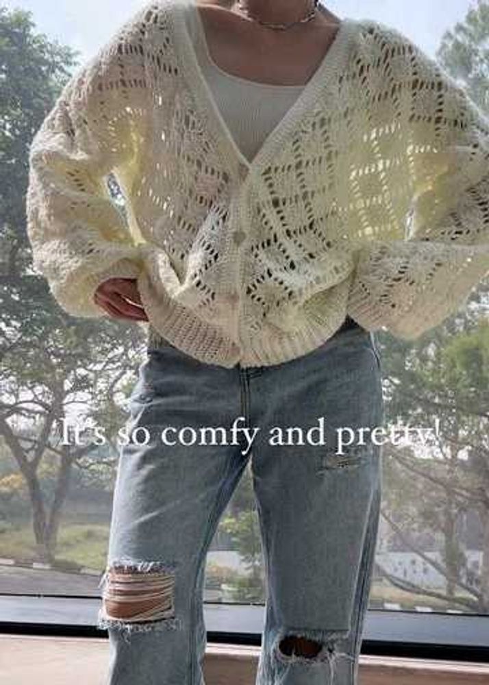 Handmade Off White Crochet Buttoned Cardigan
