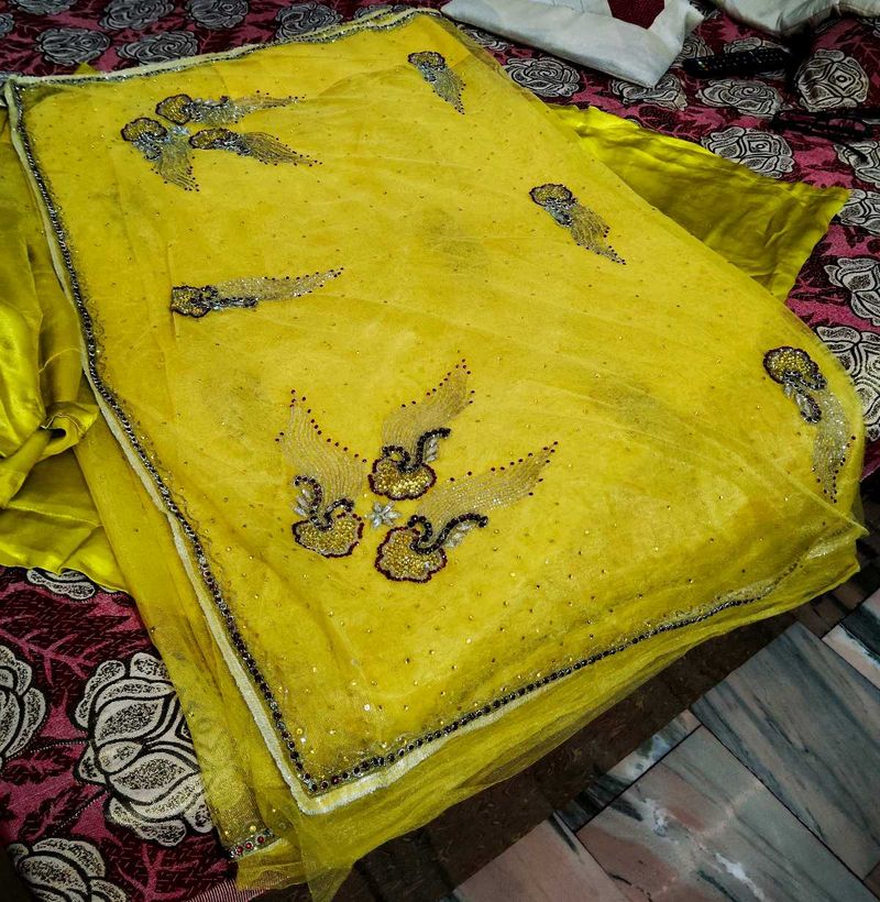 Hand Work Party Wear Yellow Saree