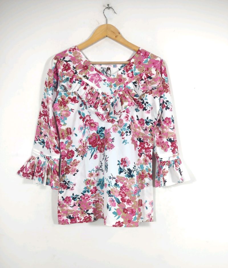 White Floral Print Bell Puff Sleeves Top (Women&#39;s)