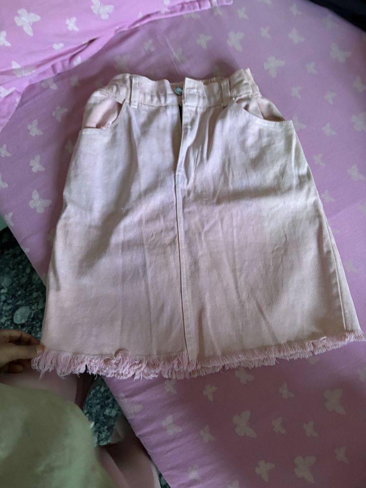 Pink Denim Fringe Skirt