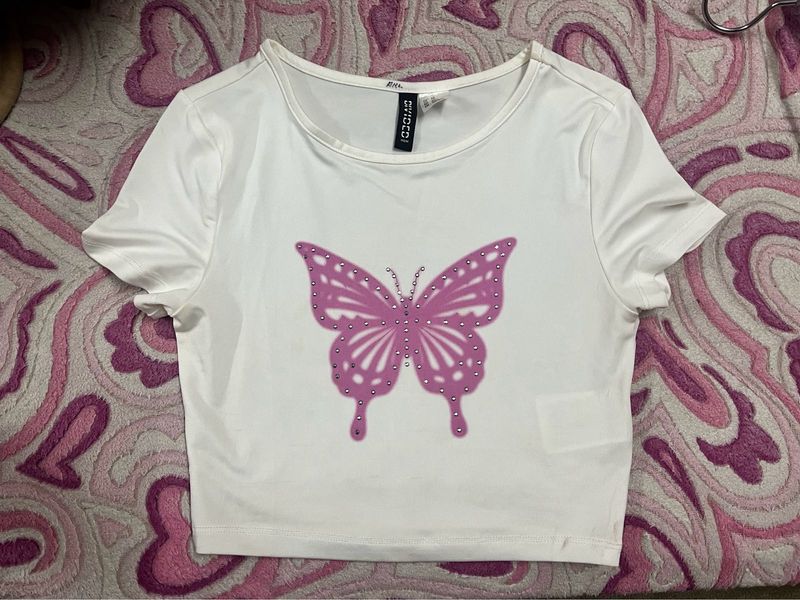 H&amp;M Butterfly White Crop Top