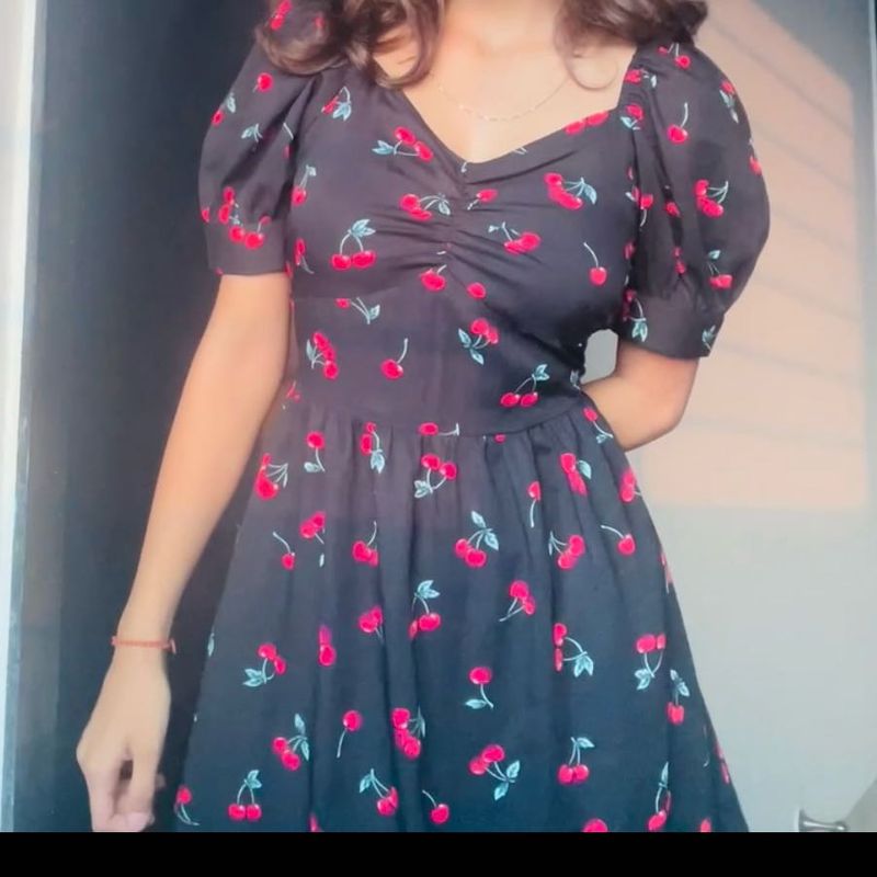 Cherry Print Puff Sleeve Dress