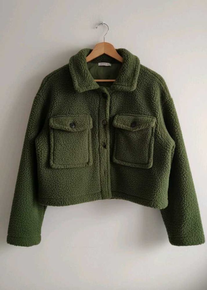 woolen crop olive green jacket