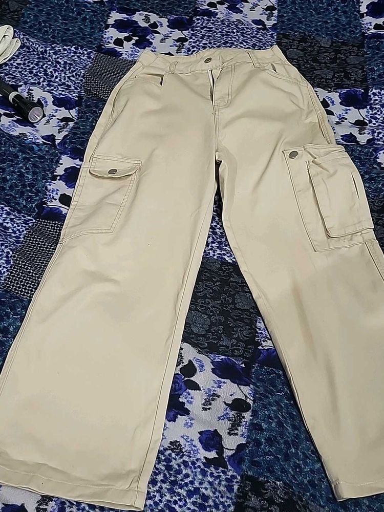 Beige Wide Leg Cargo Pants
