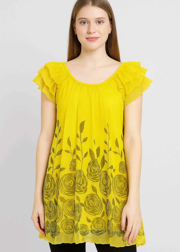 Yellow Floral Ruffle Sleeve Dress