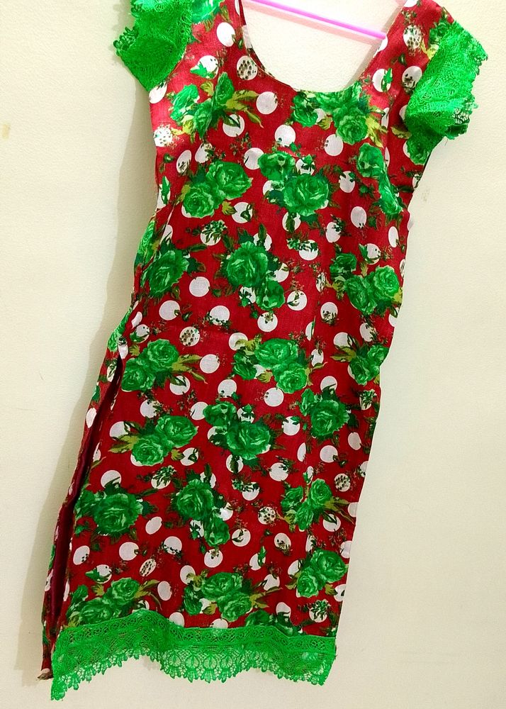 💚❤️NEW Floral Kurti With Green Lace 💚
