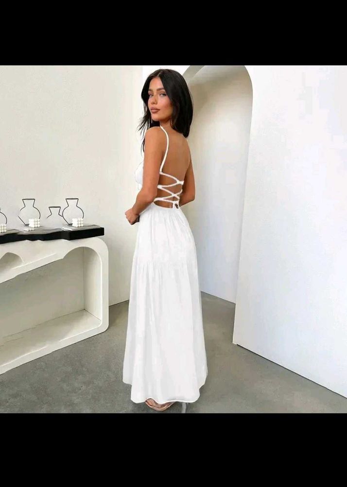 White Tiered A Line Backless Maxi Dress