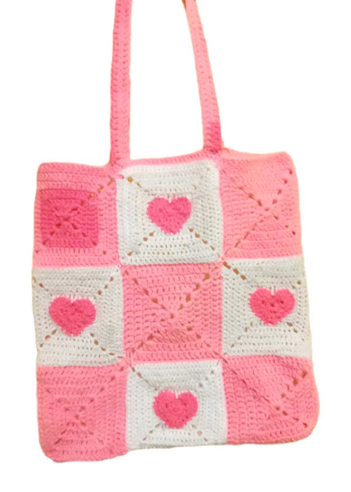 Pink Heart Crochet Tote Bag