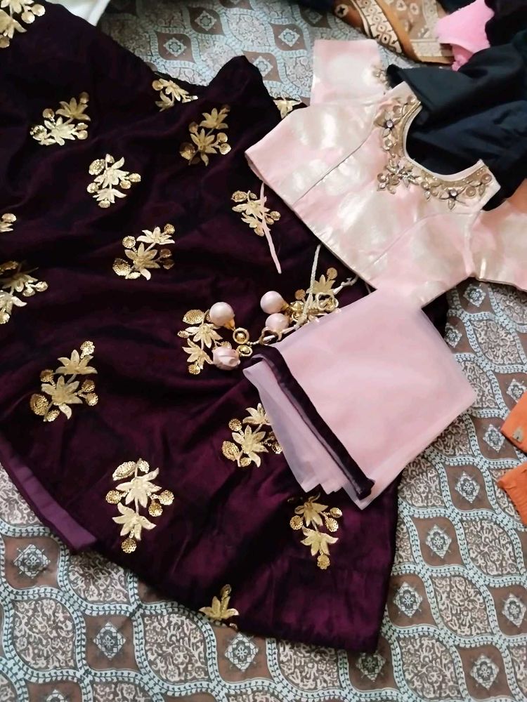 Maroon Velvet Lehenga Choli