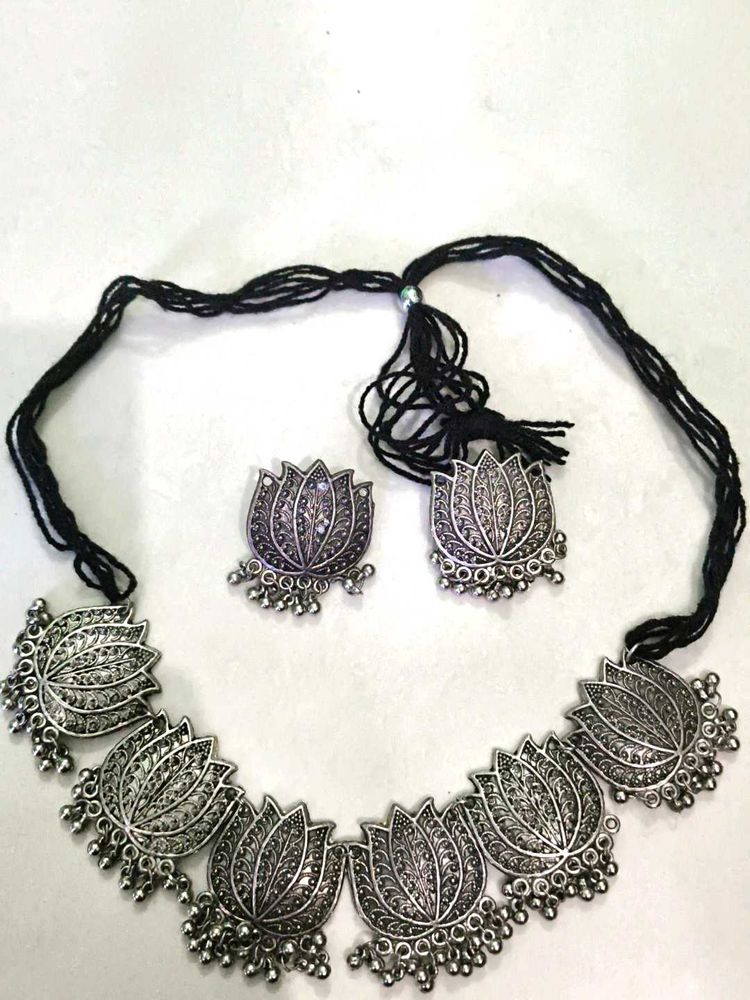 Oxidized Silver Leaf Necklace Set