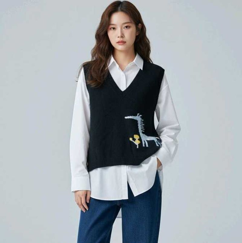 Cute Knit Vest with Giraffe korean
