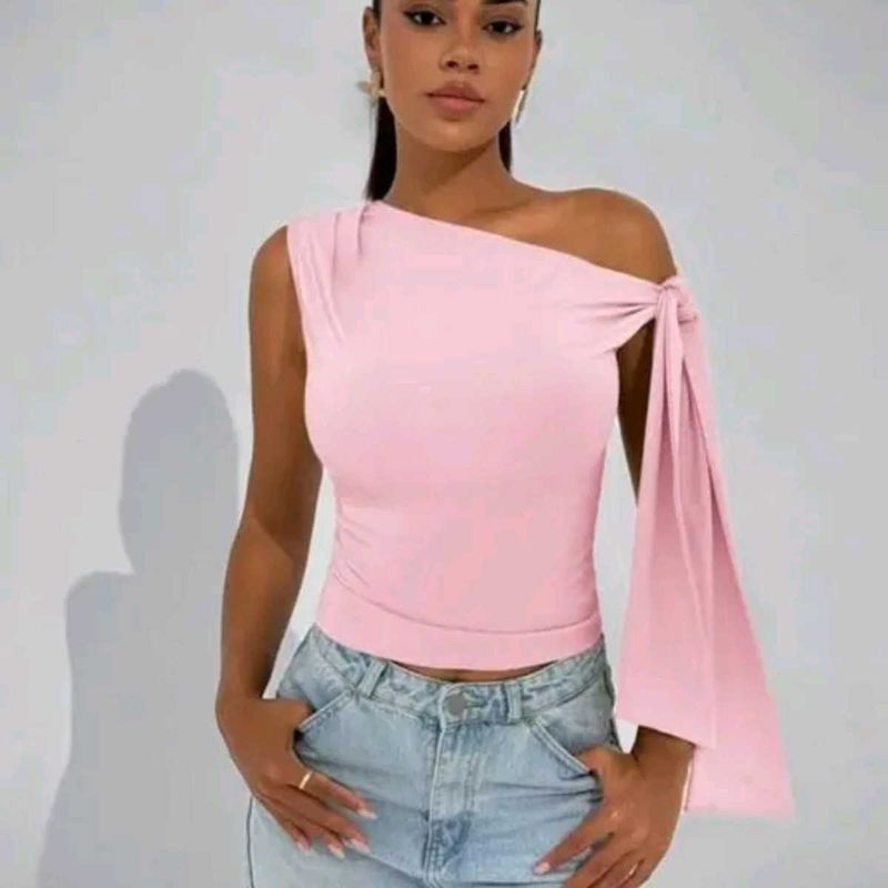 Pink One-Shoulder Tie Top