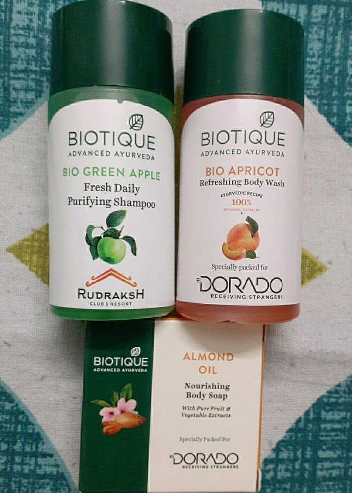 New Unused Set Of 3 Biotique Products For Overall Body Care- 1 Norishing Body Soap, 1 Bio Green Apple Fresh Daily Purifying Shampoo And 1 Bio Apricot Refreshing Body Wash