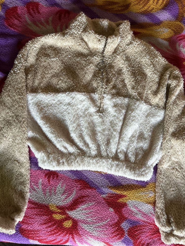 Shein Beige White Crop Fur Sweater