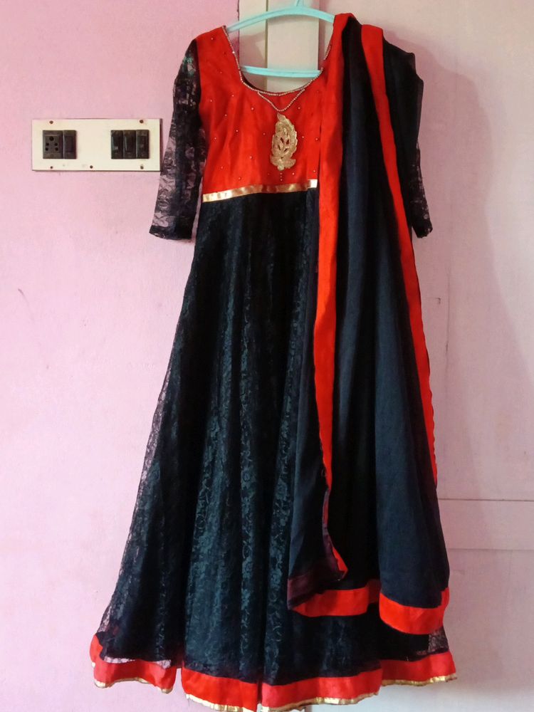 Black And Red Umbrella Kurti With Dupatta