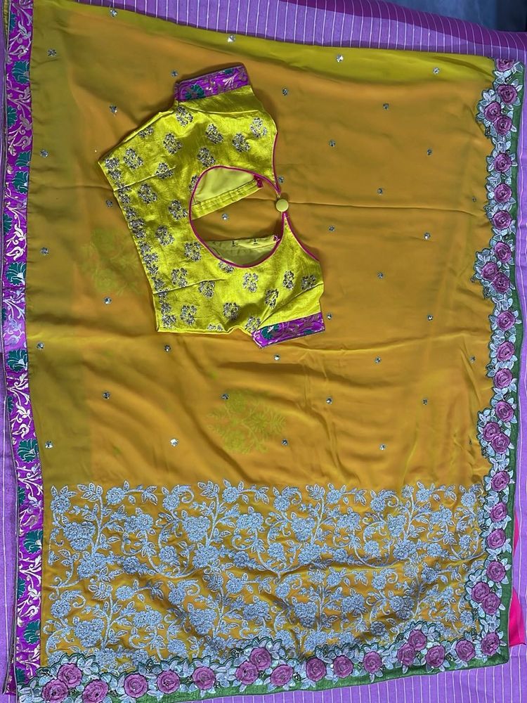 Yellow Embroidered Saree with Blouse