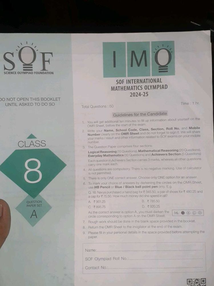 Class 8 IMO 2024-25 Question Paper