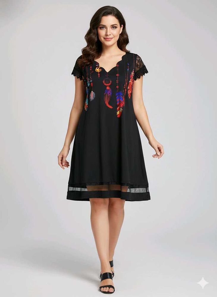 ❤️Boho Black Feather Print Dress❤️