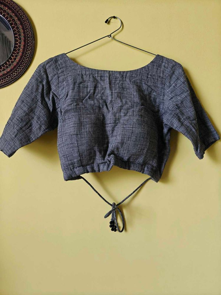 Gray Linen Tie-Back Blouse