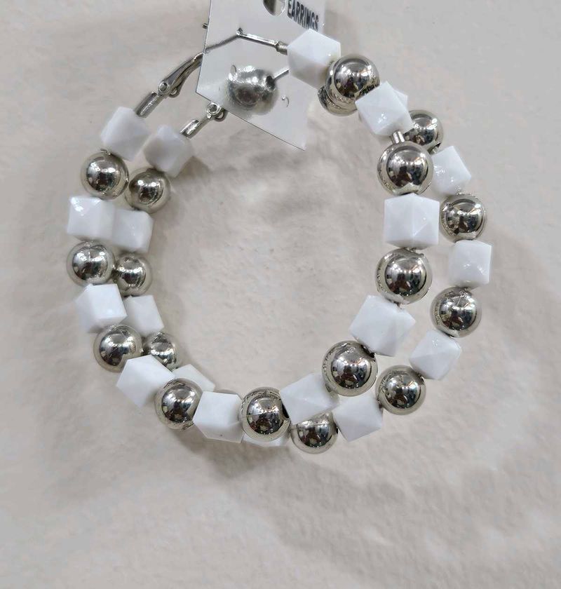 Silver &amp; White Beaded Hoop Earrings