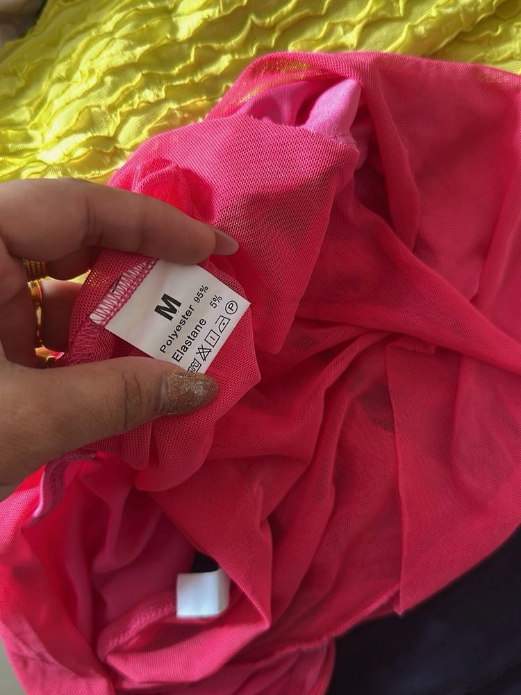 Bold Hot Pink Strapless Cutout Gown with Draped Tu