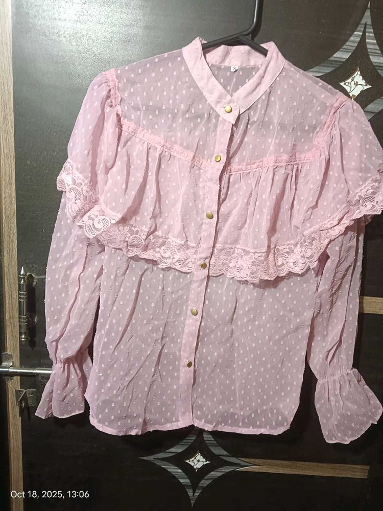 Pink sheer ruffle lace detail top 🩷