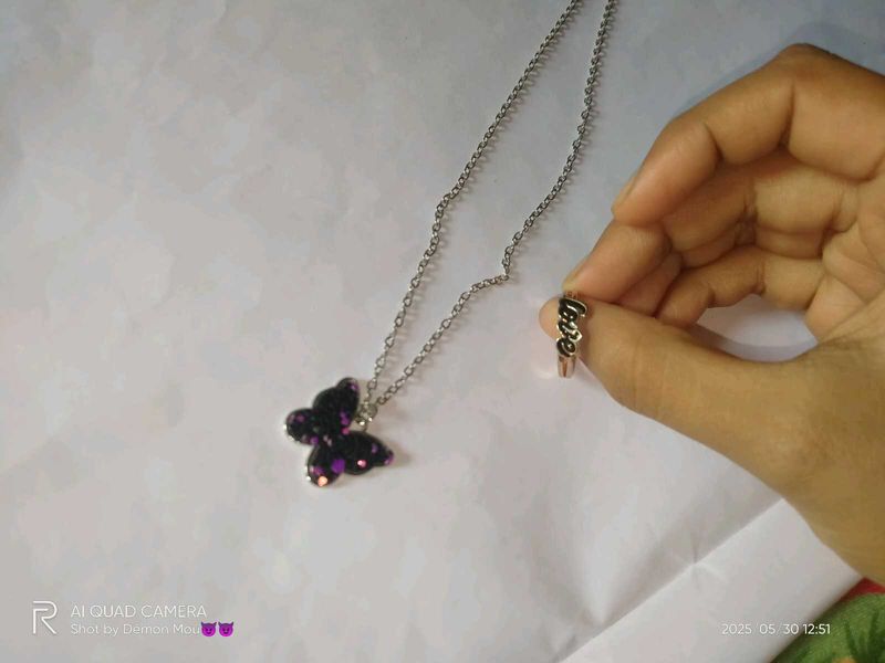 Beautiful Chain With Butterfly Pendent And Ring