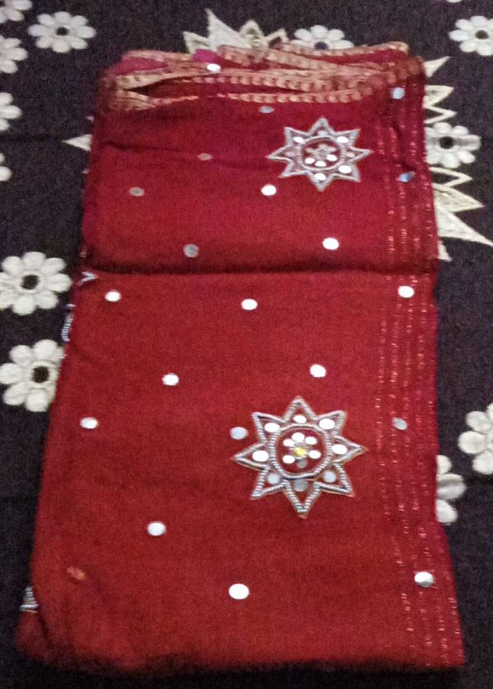 Red Sari with Mirror Work