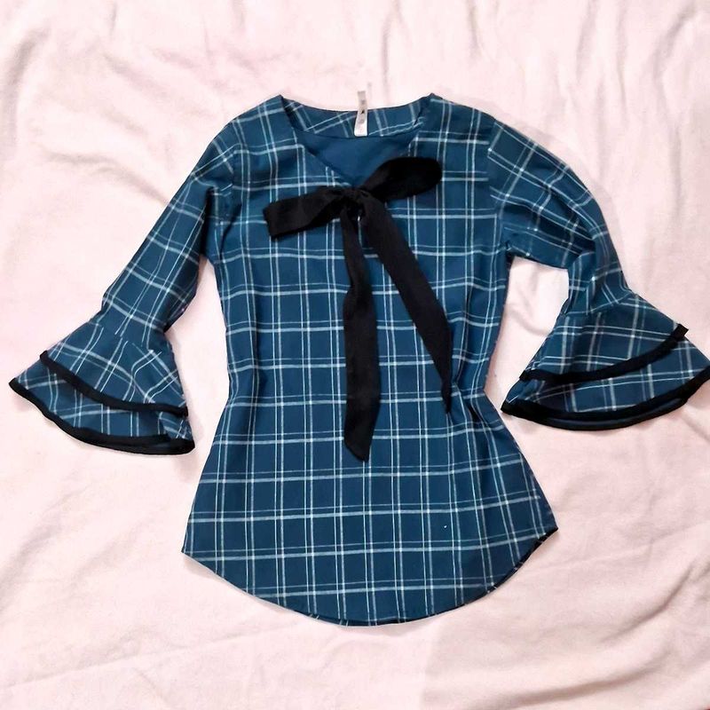 Checked Tie Up Neck Top
