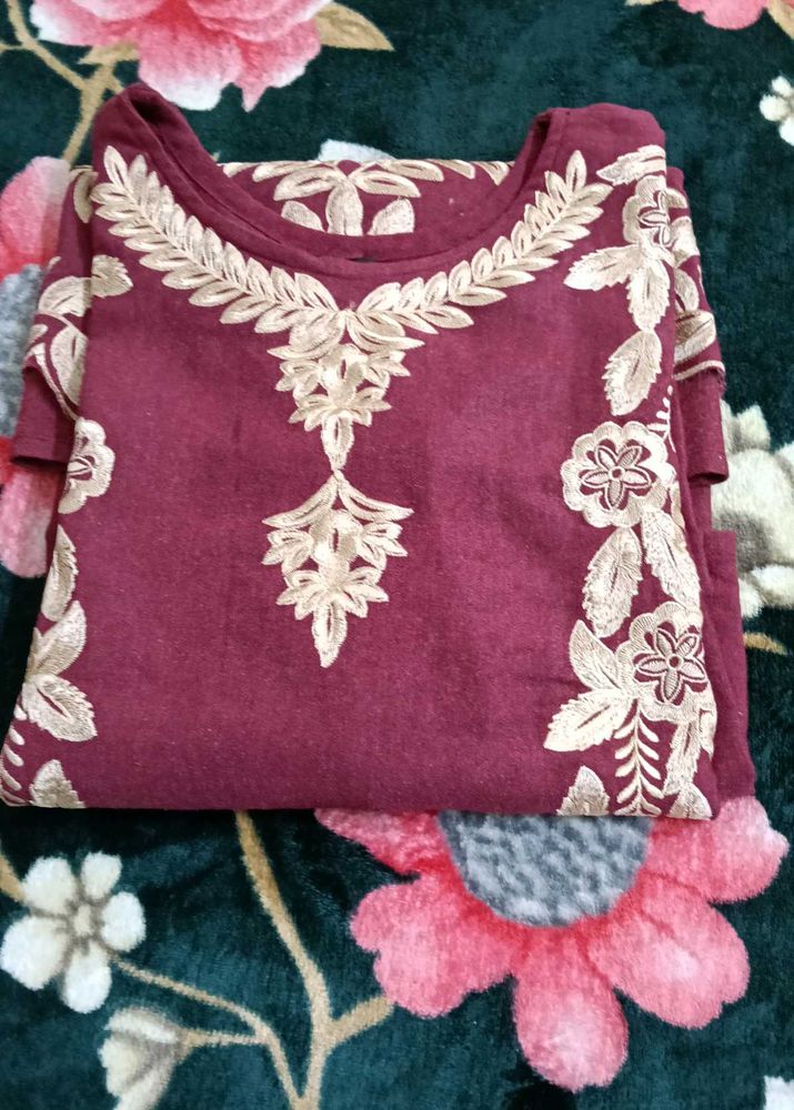 Embroidered Maroon Kurta Set