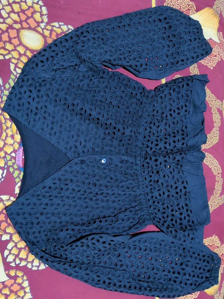 Elegant Navy Blue Eyelet Top