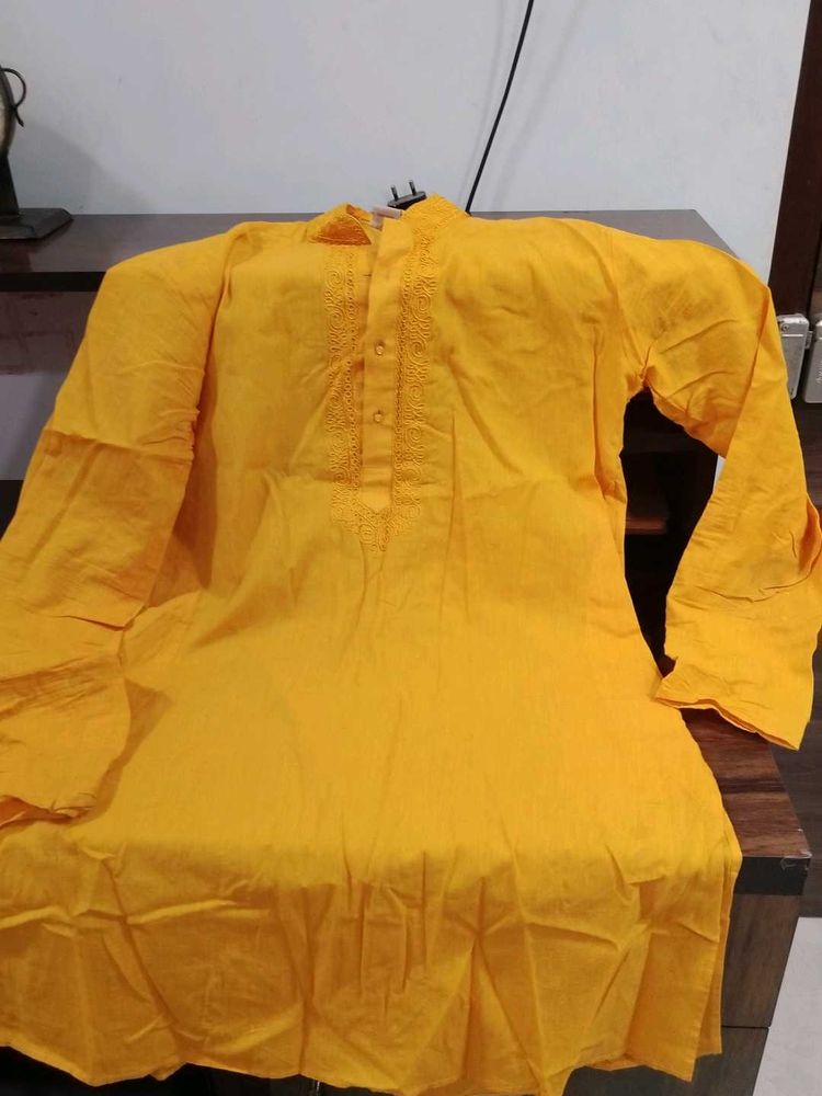 Yellow Cotton Kurta with Embroidery