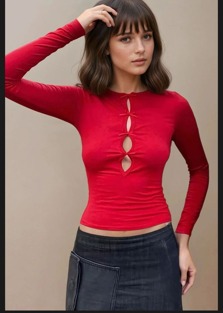 Bow red Solid Round Neck Fitted Top