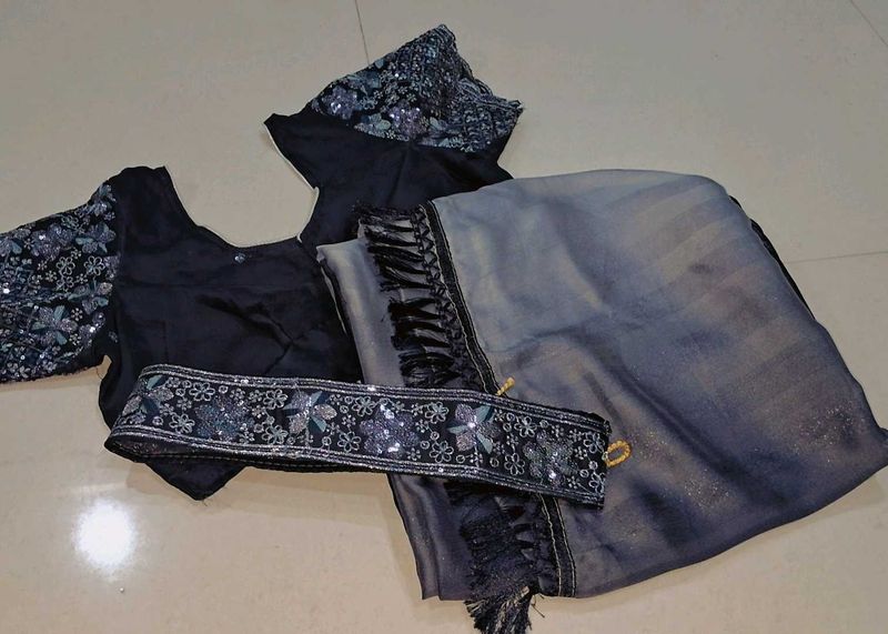 Elegant Grey Sequin Saree