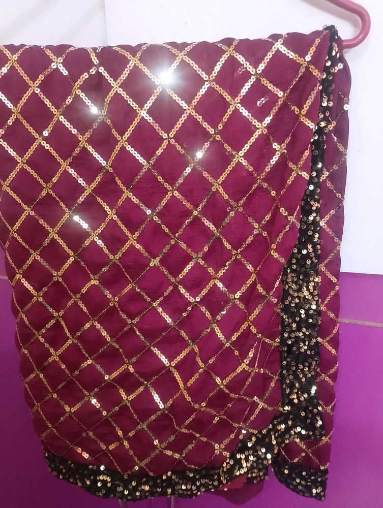 Burgundy Sequin Embellish  Saree