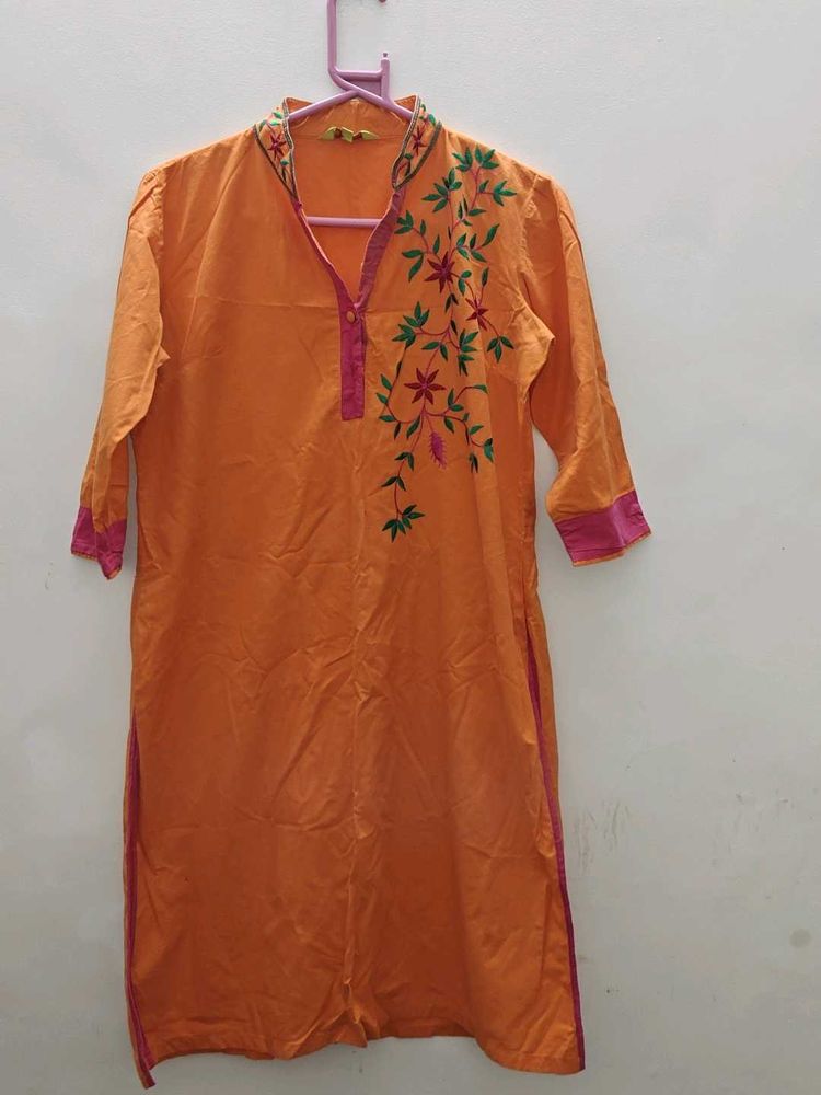 🍊 BitterLime Orange Embroidered Kurta – Size L 🍊