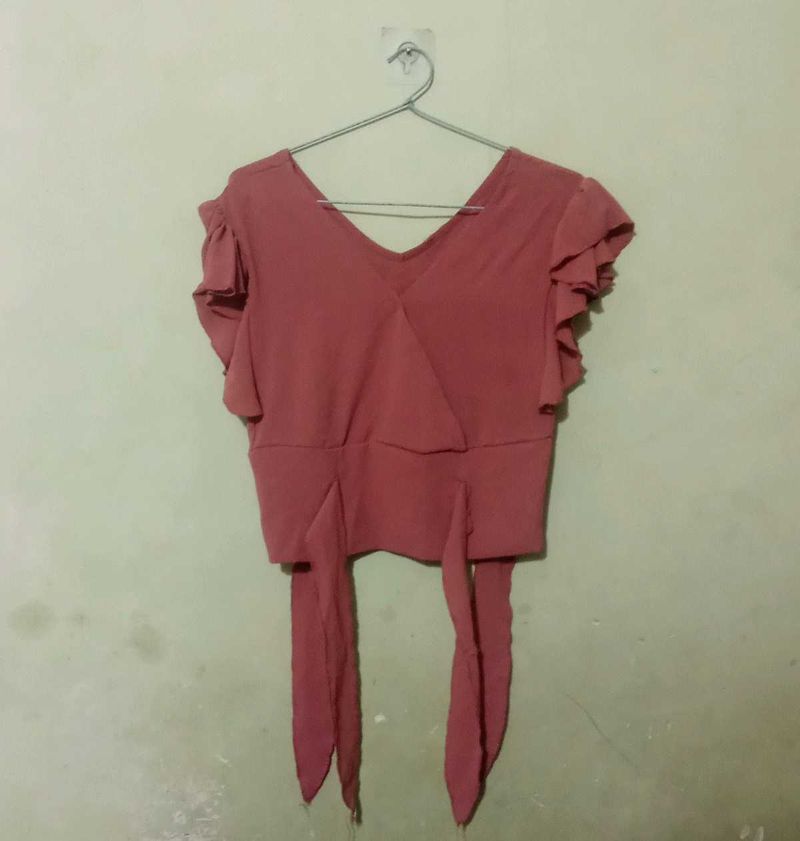 Coral Ruffle Sleeve Wrap Top 🌸