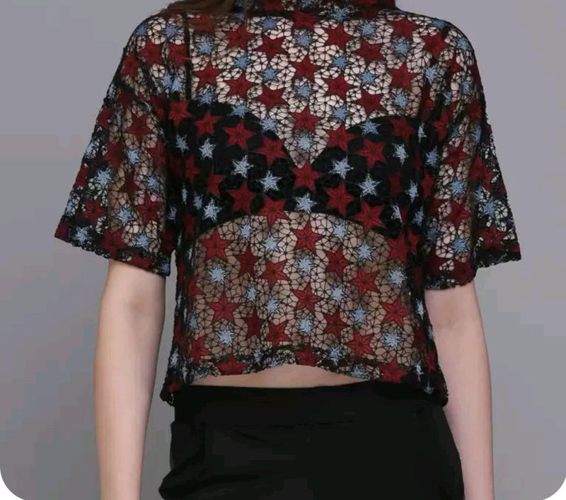 Black Self Design Sheer Boxy Top