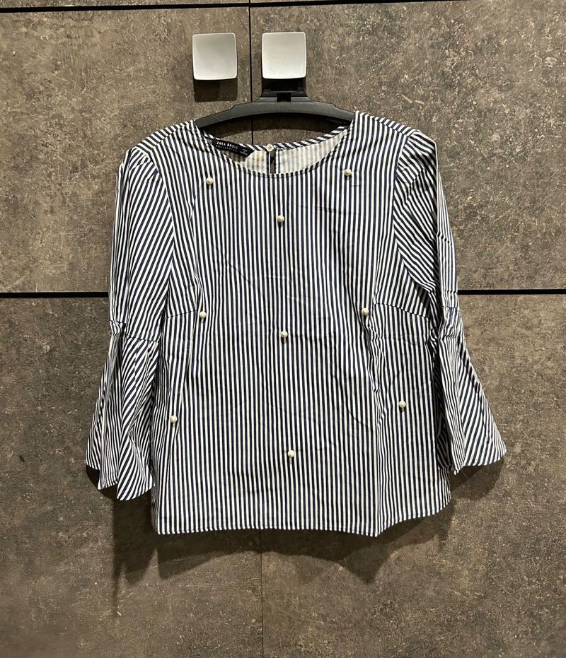 Zara Striped Pearl Embellished Top XS