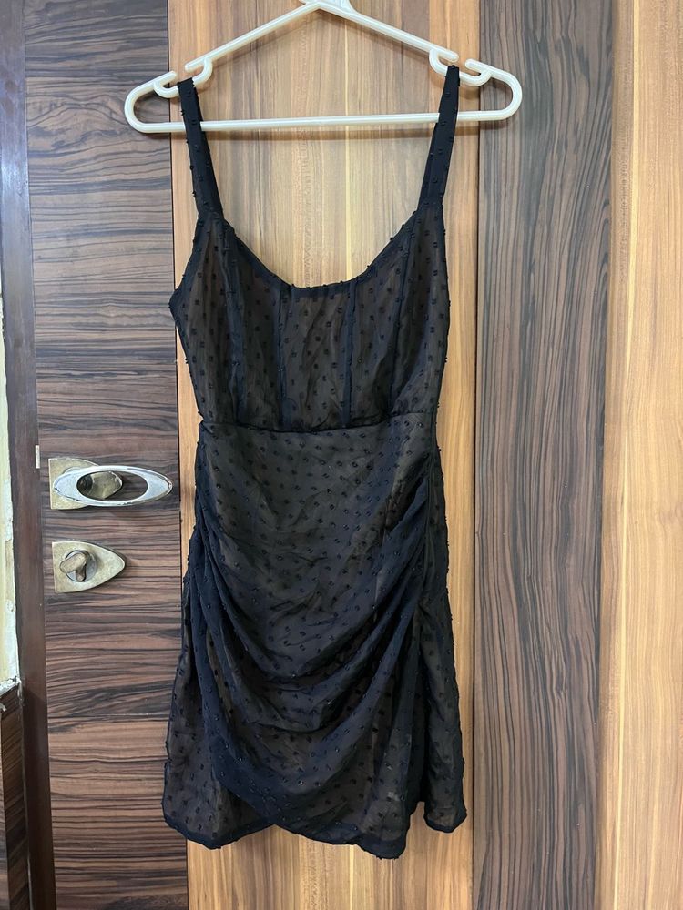 Black Polka Dot Ruched Mini Dress