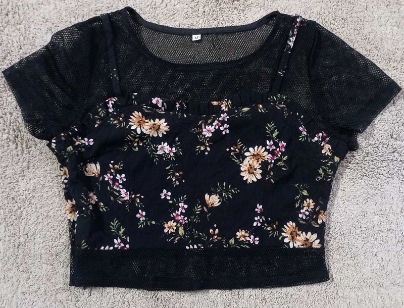 Floral Print Crop Top with Mesh Trim