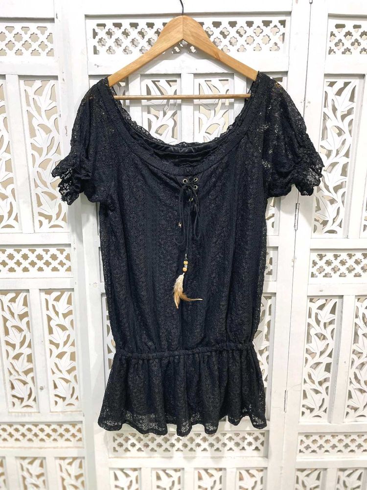 Boho Black Lace Peasant Top  C