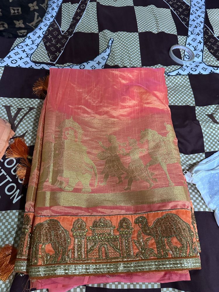 Embroidered Peach Saree