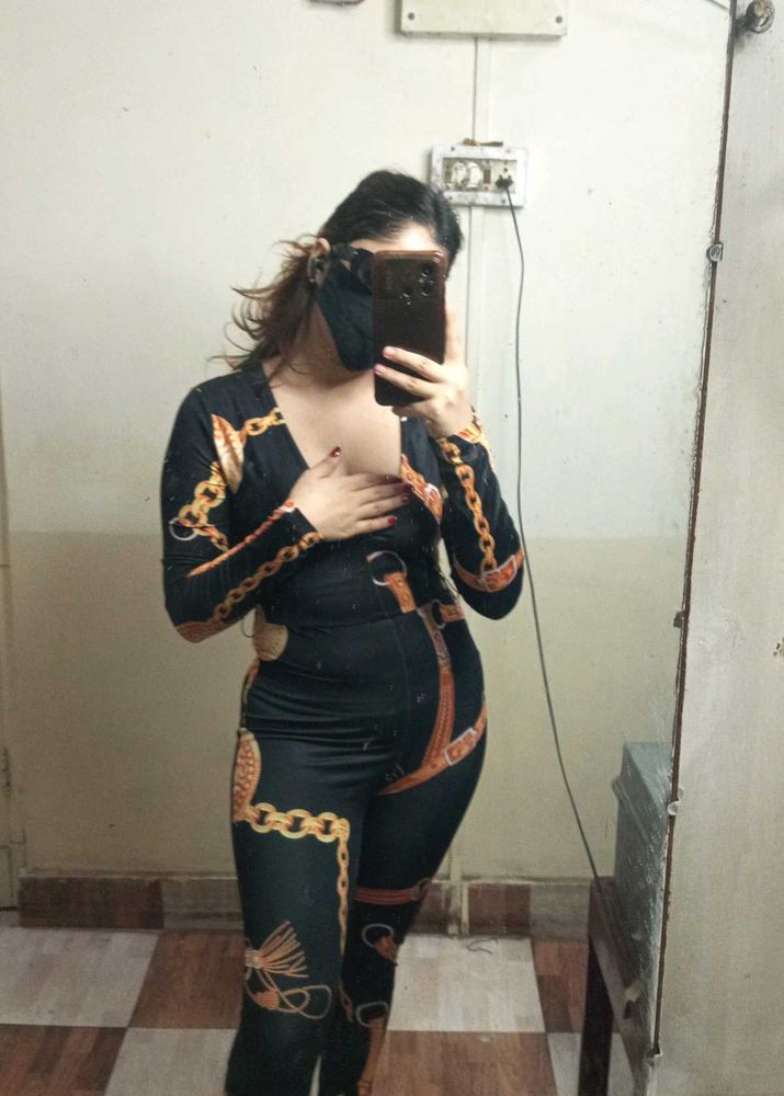 Black &amp; Gold Chain Print Jumpsuit