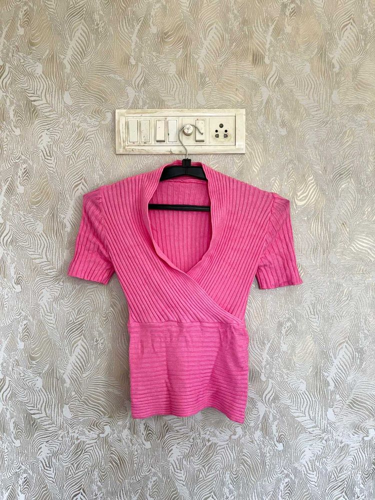 Pink Ribbed Wrap Top