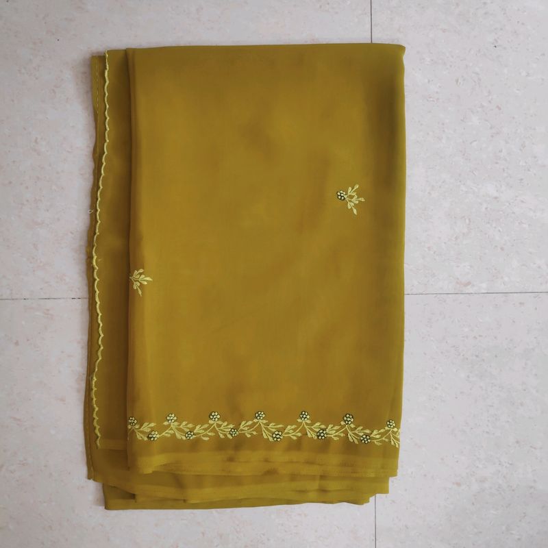 Sale 🌟🌟 bollywood OLIVE GREEN pure chiffon saree with embroidery work with readymade blouse, size : 36 | supersoft