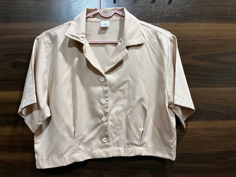 Beige Cropped Button-Down Shirt